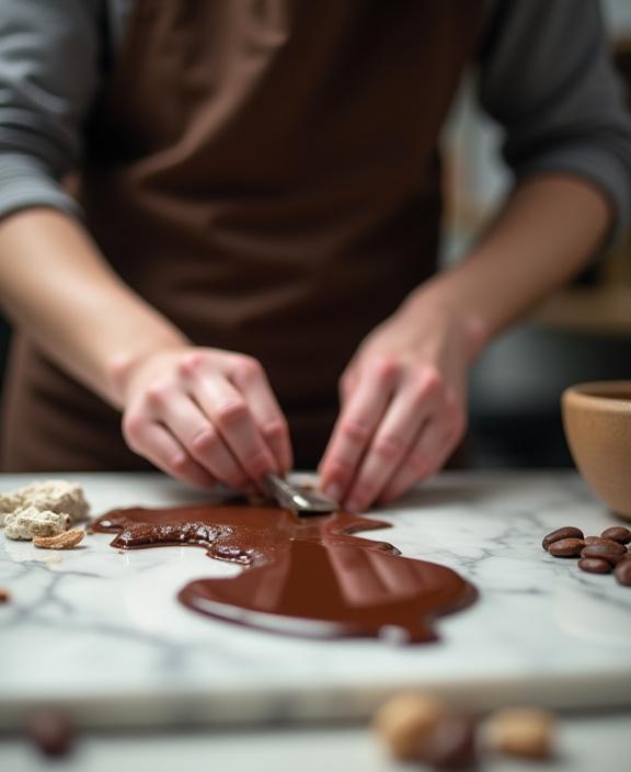 A chocolatier carefully tempering chocolate on a marble slab, demonstrating precision and passion for the craft.
