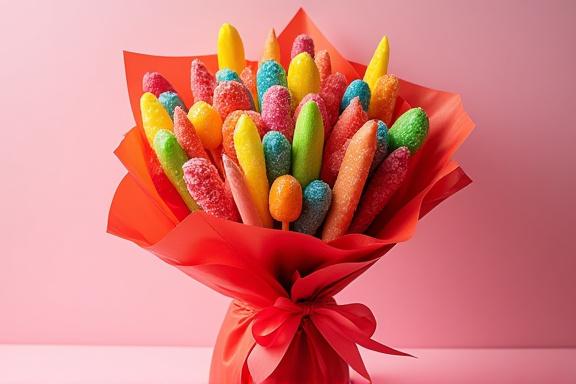 A vibrant and artfully arranged custom candy bouquet, perfect for gifting.